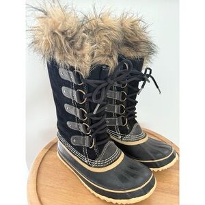 Sorel Black Faux Fur Lace Up Waterproof Winter Boots Women’s Size 6